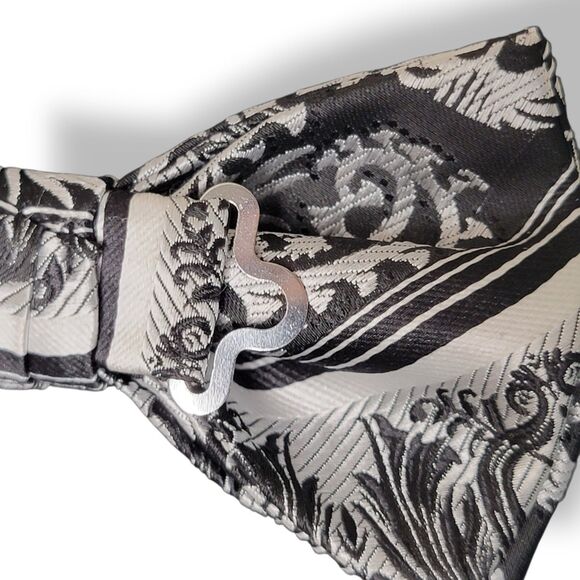 Stacy Adams Bow Tie Black Silver Paisley Pre-Tied Polyester Wedding Formal Glam - Picture 4 of 6